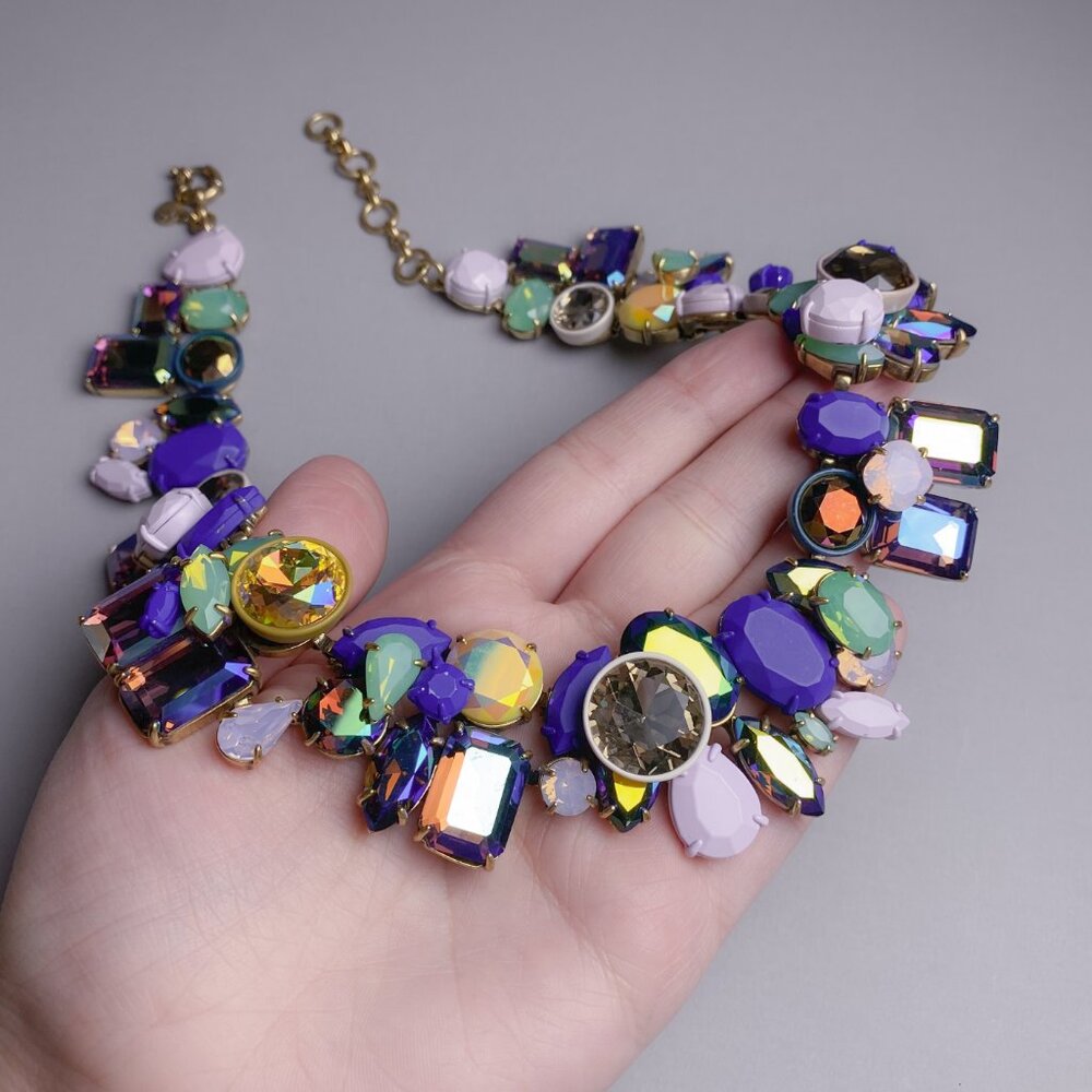 J. Crew Brulee Multicolor Rhinestone Jewel Cluster Statement Collar Necklace - Picture 11 of 13